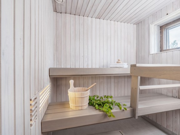 white colour sauna with light grey bench
