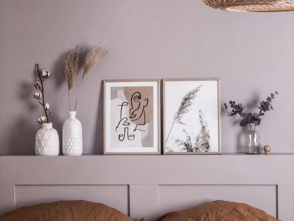 lilac colour wall and matching bed headboard
