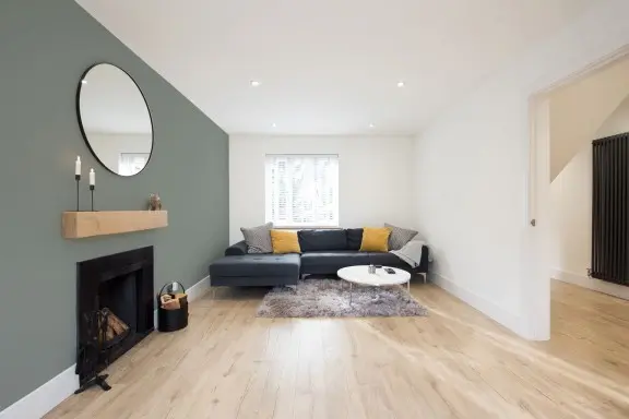 living room with painted accent wall on side