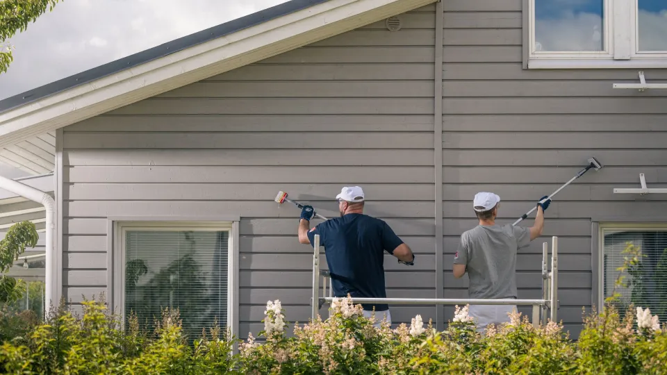 Painters painting a wooden facade