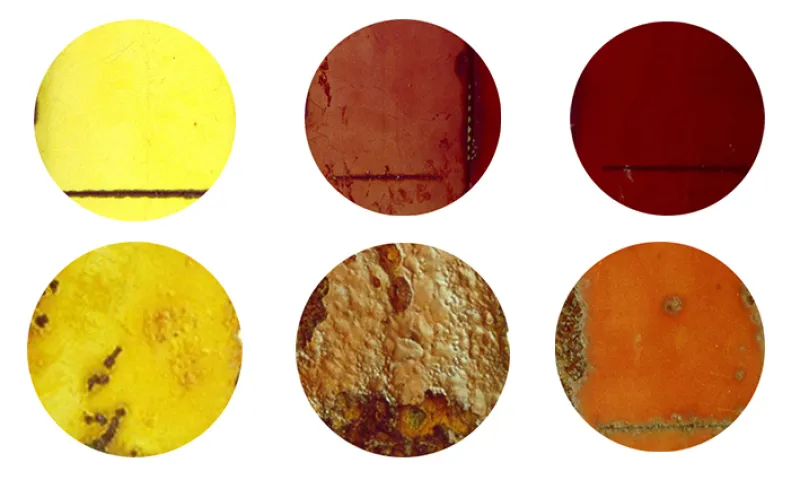 Steel plates showing difference between blasted or non-blasted surface before painting