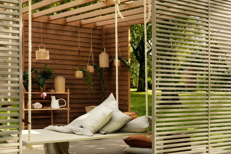 garden pergola with neutral wooden colour