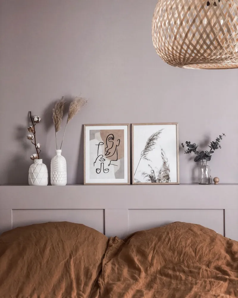 lilac colour wall and matching bed headboard